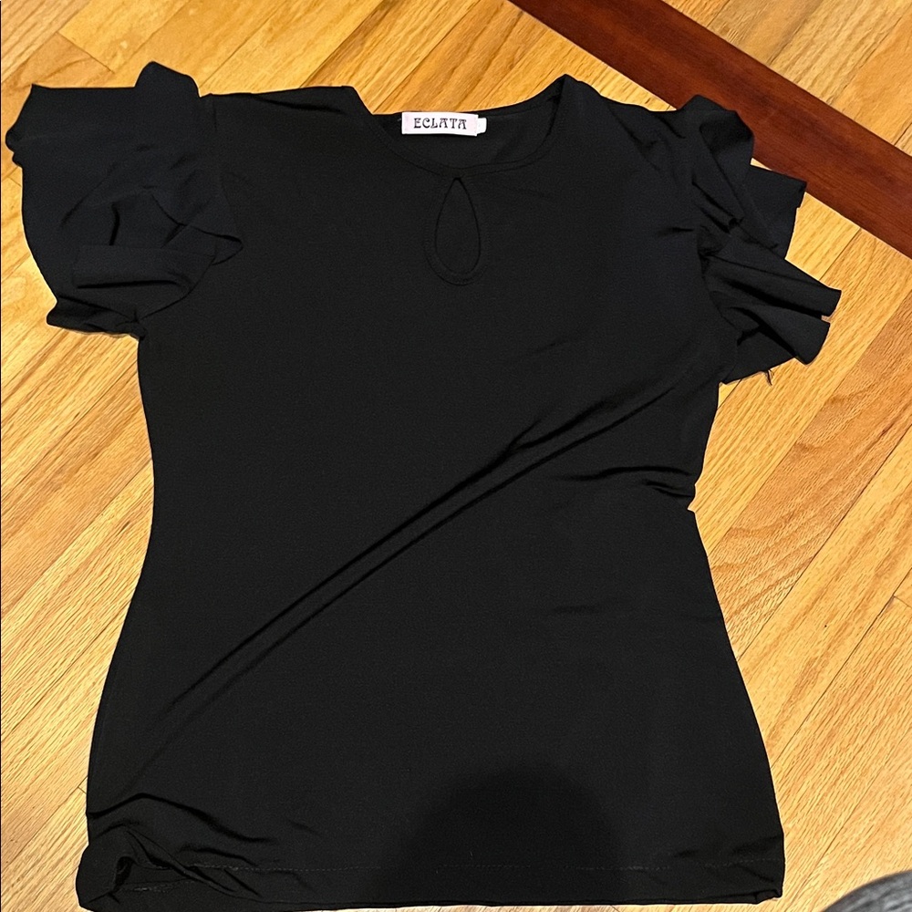 Eclata Black Ruffle Sleeve Keyhole Knit Top